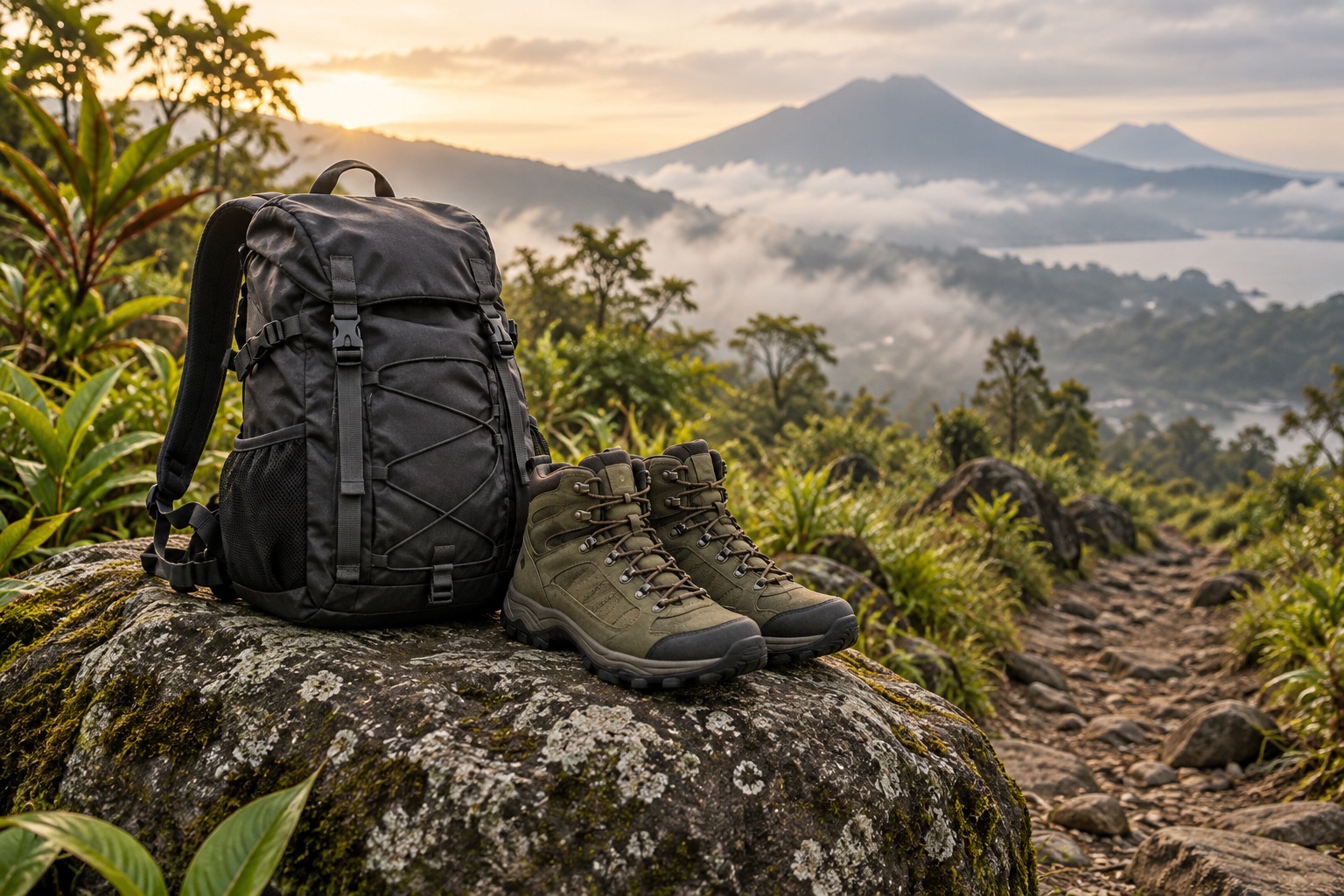 Tas dan sepatu perjalanan di jalur pegunungan